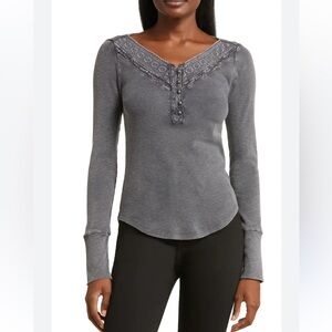 Lucky Brand Lace Detail Cotton Rib Henley Top Size XS